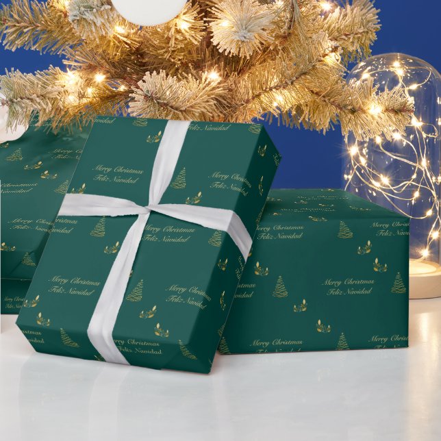 Green and Golden Christmas Bilingual Feliz Navidad Wrapping Paper (Holidays)