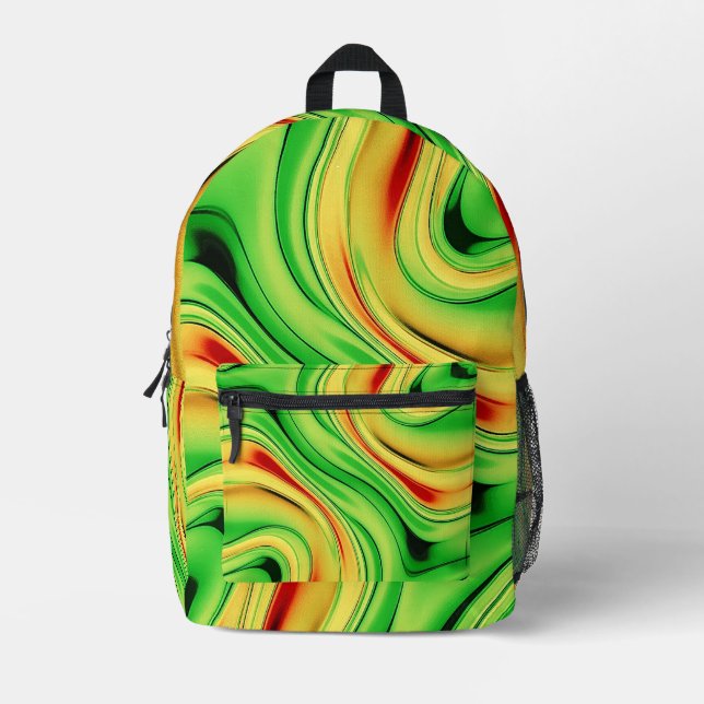 green and golden chrome waves printed backpack (Front)
