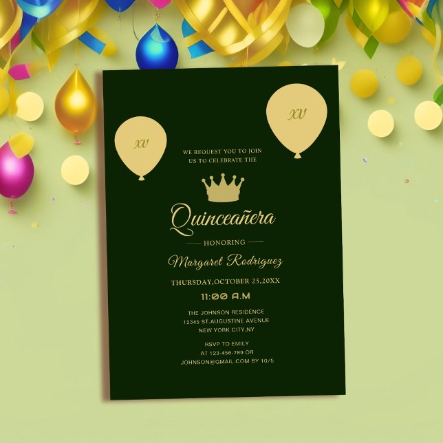 green and golden classic elegant chic quinceañera  invitation (Creator Uploaded)