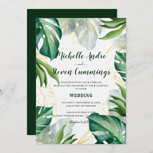 Green and Golden Leaves Modern Tropical Wedding In Invitation