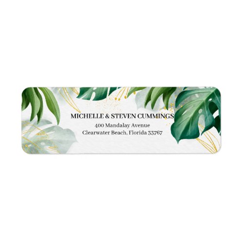 Green and Golden Leaves Modern Tropical Wedding Label