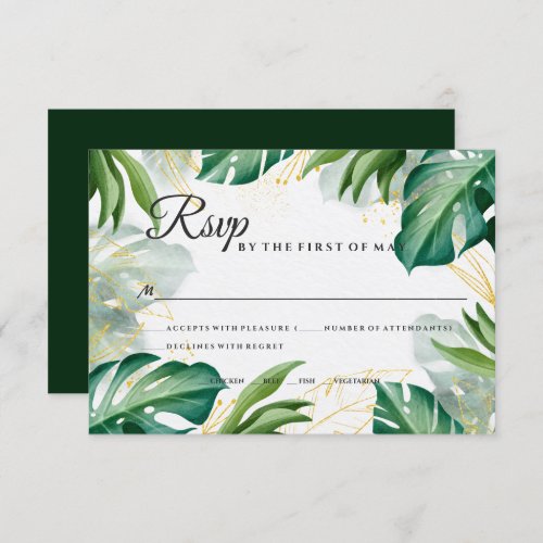 Green and Golden Leaves Modern Tropical Wedding RSVP Card