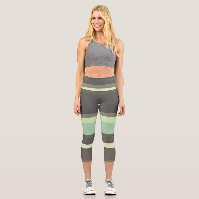 green and gray Abstract Stripes Capri Leggings (Front)
