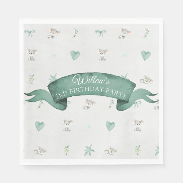 Green and Gray Baby Koala Birthday Party Napkins (Front)