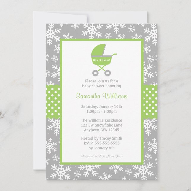 Green and Gray Carriage Snowflakes Baby Shower Invitation (Front)