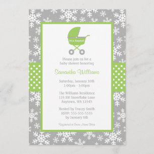 Green and Gray Carriage Snowflakes Baby Shower Invitation