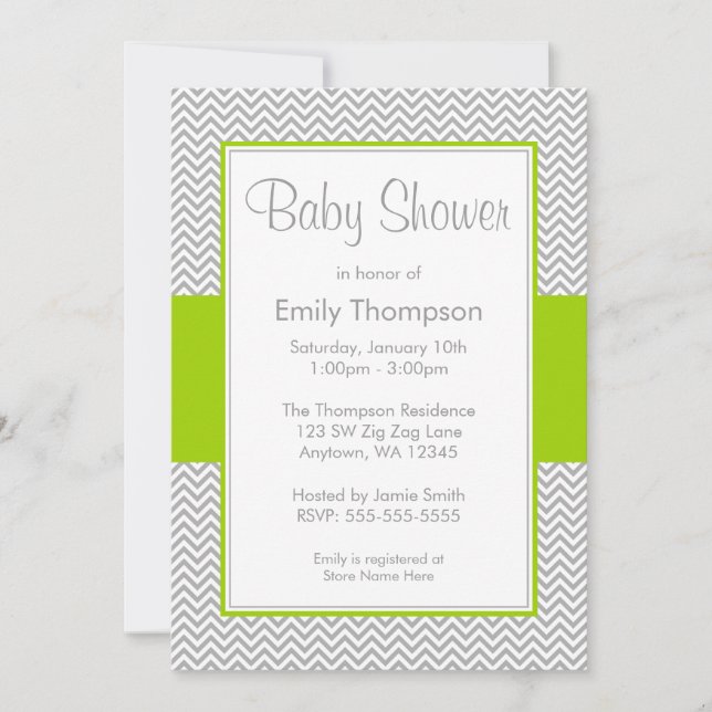 Green and Gray Chevron Baby Shower Invitations (Front)