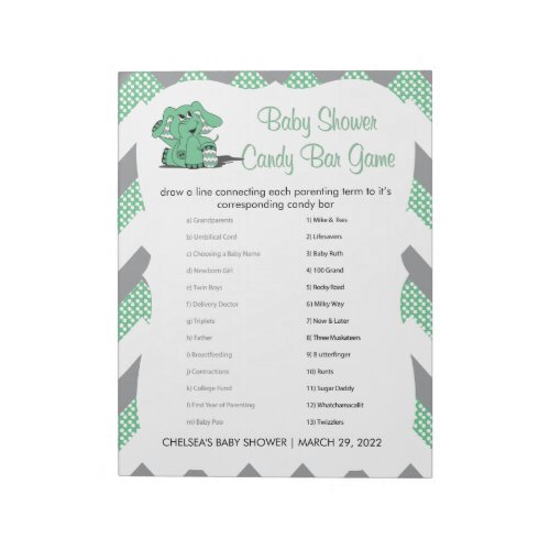 Green and Gray Chevron Elephant Baby Shower Game 2 Notepad