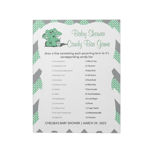 Green and Gray Chevron Elephant Baby Shower Game 2 Notepad (Rotated)