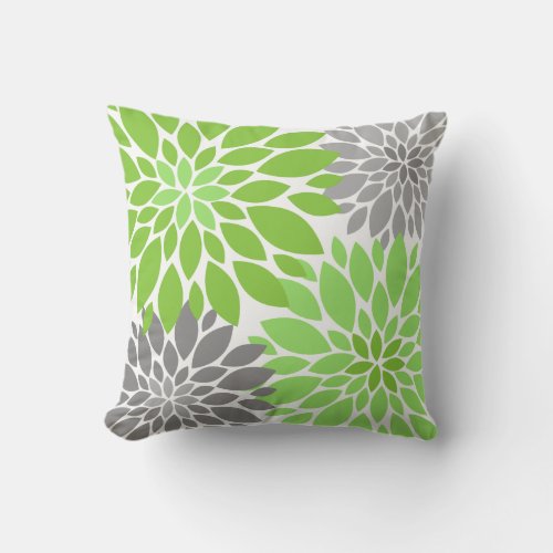 Green and Gray Chrysanthemums Floral Pattern Throw Pillow