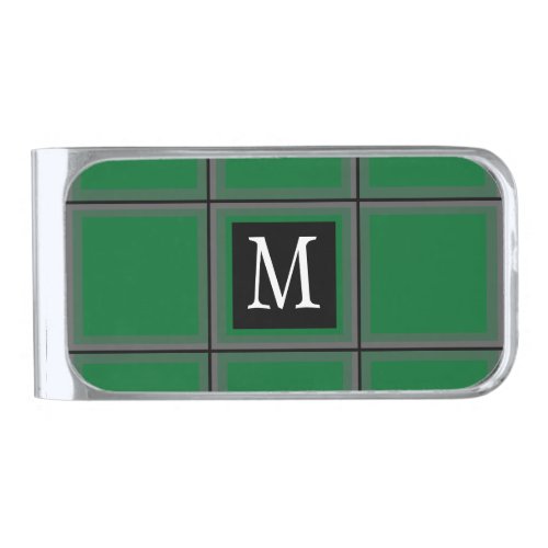 Green and Gray Custom Single Initial Striped Silver Finish Money Clip