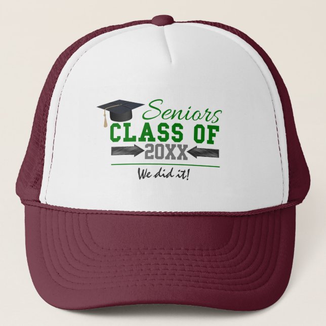 Green and  Gray Graduation Gear Trucker Hat (Front)