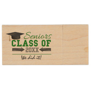 Green and Gray Graduation Gear Wood USB Flash Drive