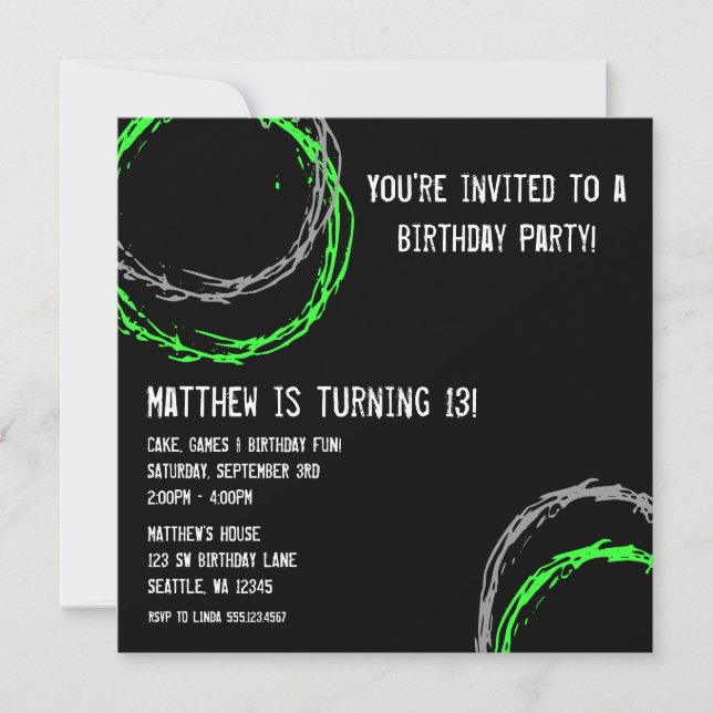 Green and Gray Grunge Circles Boy Birthday Party Invitation (Front)