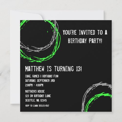 Green and Gray Grunge Circles Boy Birthday Party Custom Invitation