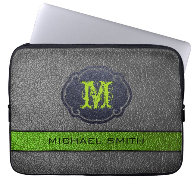 Green and Gray Leather Custom Monogram Laptop Sleeve (Front)
