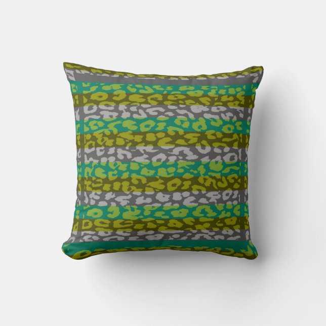 Green and Gray Leopard Print Stripe Pattern Throw Pillow (Front)