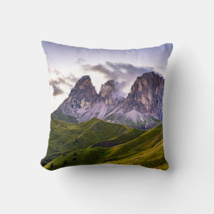 GREEN AND GRAY MOUNTAINS UNDER WHITE CLOUDS DURING THROW PILLOW