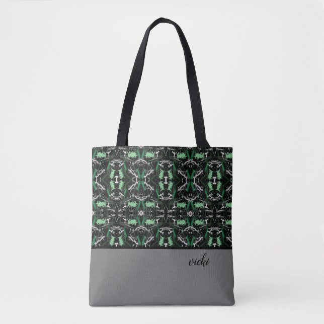 Green and Gray Paint Splatter Monogrammed Tote Bag (Front)