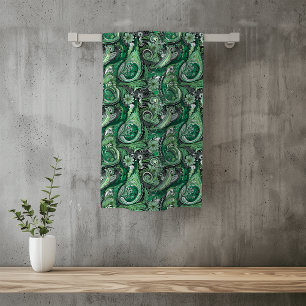 Green and Gray Paisley Pattern Bath Towel Set