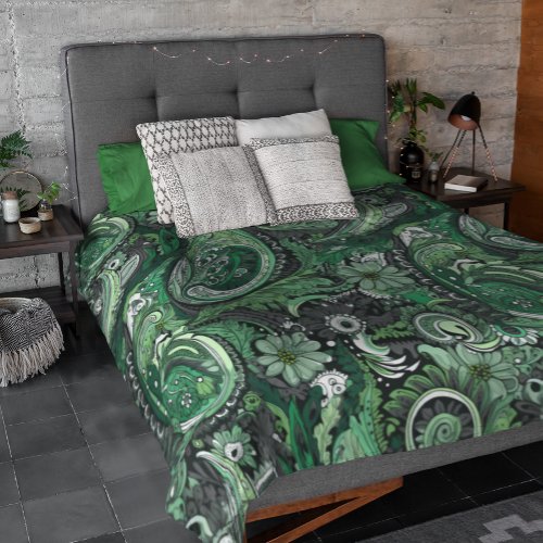 Green and Gray Paisley Pattern Duvet Cover