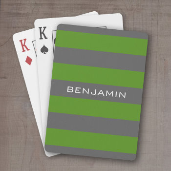 Green And Gray Rugby Stripes With Custom Name Playing Cards by MarshBaby at Zazzle