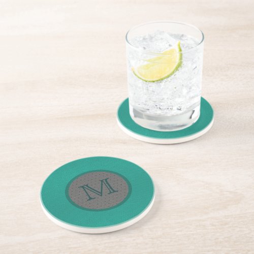 Green And Gray Worn_Out Leather Look Monogram Sandstone Coaster