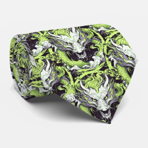 Green and Grey Asian Dragons Neck Tie