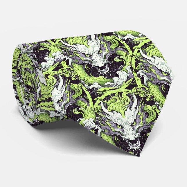 Green and Grey Asian Dragons Neck Tie (Rolled)
