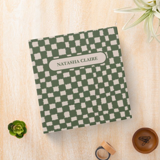 Green and Grey Checkerboard Pattern Modern 3 Ring Binder (In Situ)