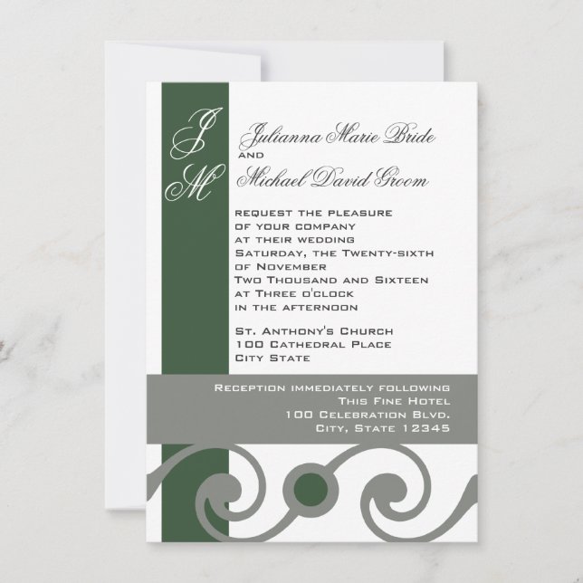 Green and Grey Scroll Work Invitation (Front)