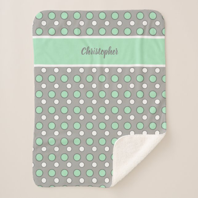 Green and grey with polka dots and name sherpa blanket (Front)