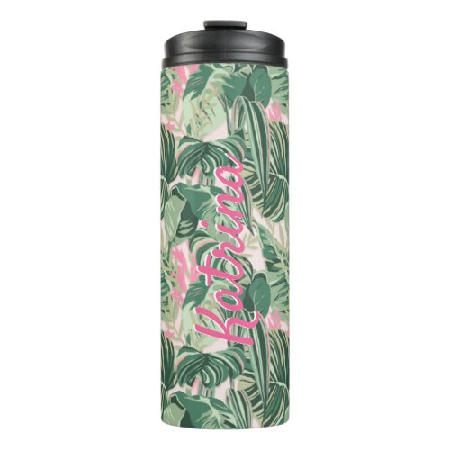 Green and Hot Pink Tropical Leaves Personalized  Thermal Tumbler