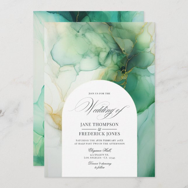 Green and Ivory Alcohol Ink Wedding Invitation (Front/Back)