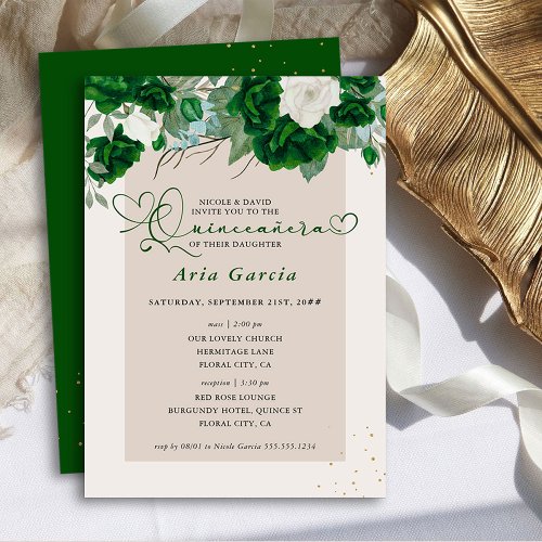 Green and Ivory Floral Roses Quinceanera and Mass Invitation