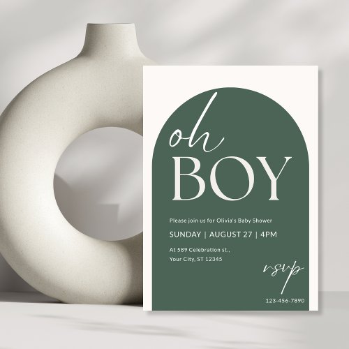 Green and Ivory Minimalist Oh Boy Baby Shower Invitation