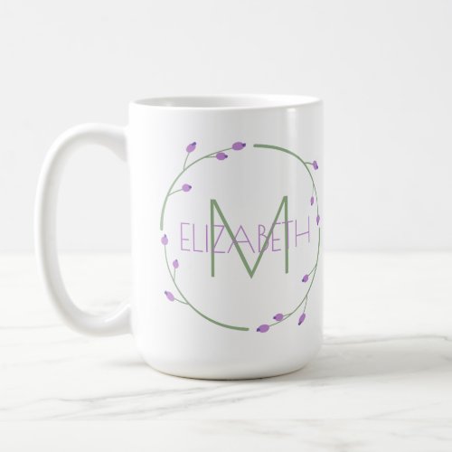 Green and Lavender Minimal Floral Wreath Monogram Coffee Mug