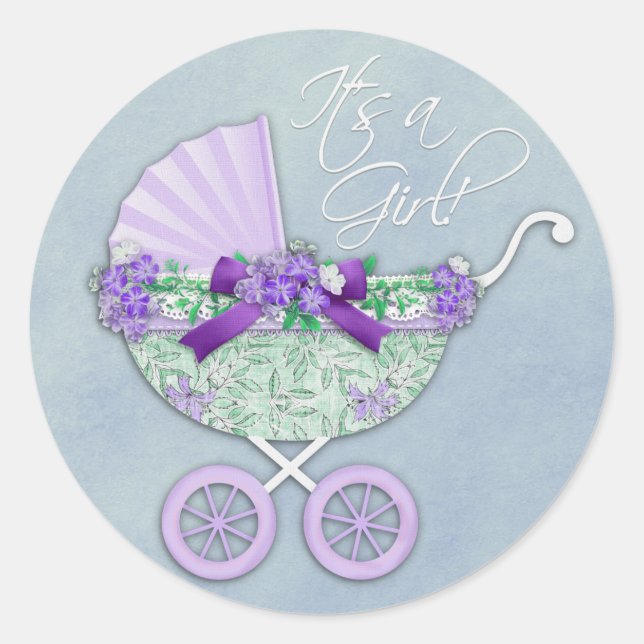 Green and Lavender Purple Baby Carriage Classic Round Sticker (Front)