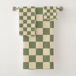 Green and Light Beige Checkerboard Bath Towel Set