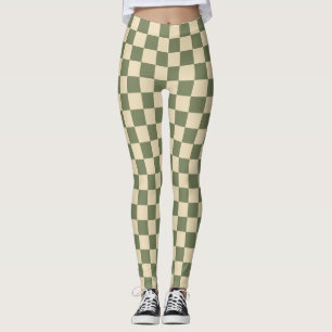 Green and Light Beige Checkerboard Leggings