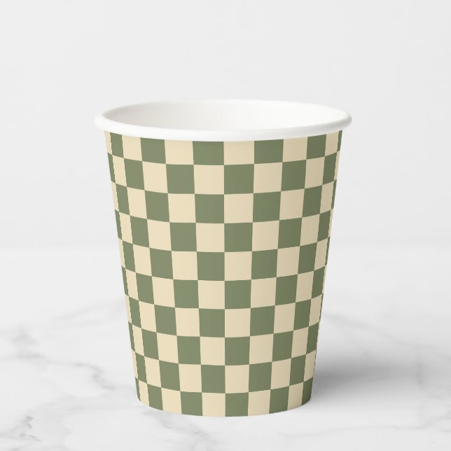 Green and Light Beige Checkerboard Paper Cups (Front)