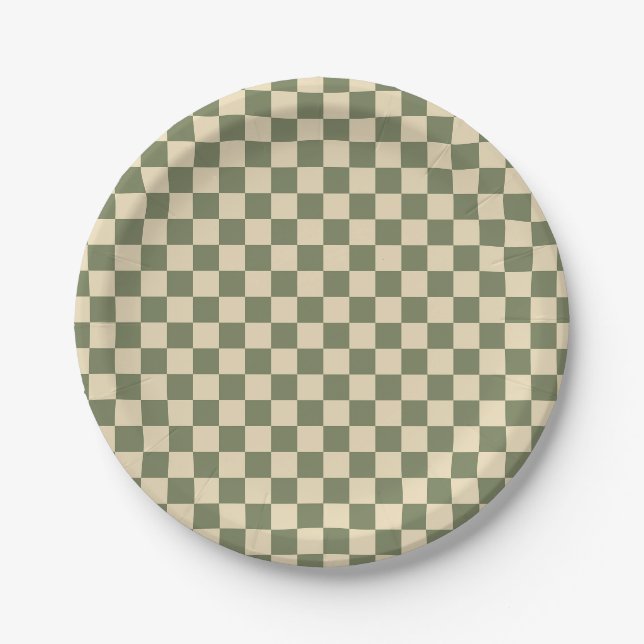 Green and Light Beige Checkerboard Paper Plates (Front)