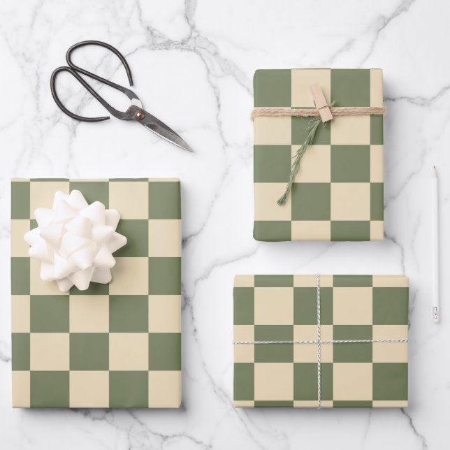 Green and Light Beige Checkerboard Wrapping Paper Sheets (Front)