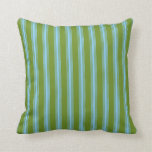 [ Thumbnail: Green and Light Sky Blue Colored Lined Pattern Throw Pillow ]