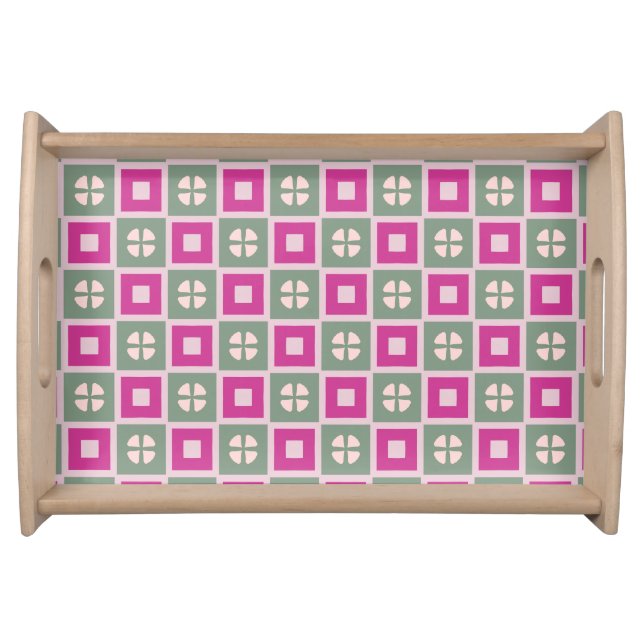 Green and Magenta Boxed Floral Bloom Serving Tray (Front)