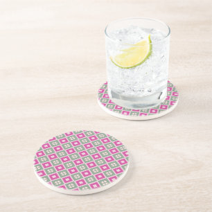 Green and Magenta Boxed Floral Sandstone Coaster