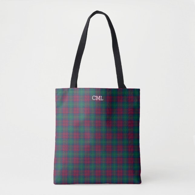 Green and Maroon Plaid Lindsay Tartan Monogram Tote Bag (Front)