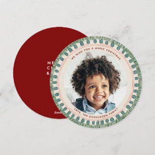 Green and Maroon Watercolor Fringe Photo Circle Holiday Card