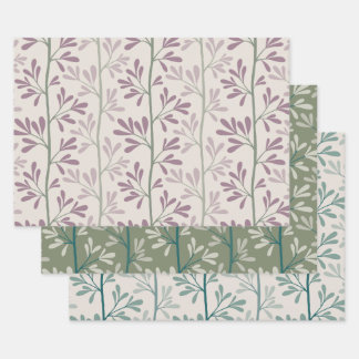 Green and Mauve Garden Stems Modern Botanical Wrapping Paper Sheets