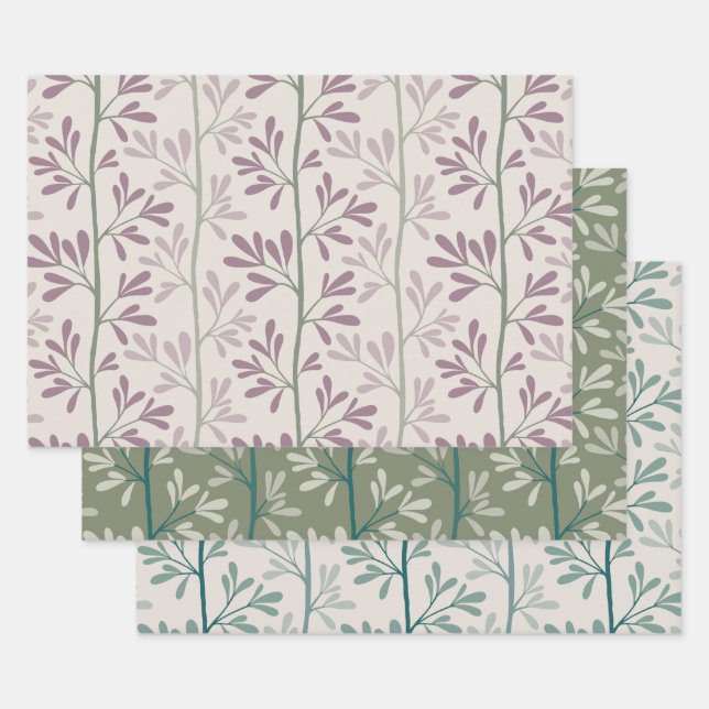 Green and Mauve Garden Stems Modern Botanical Wrapping Paper Sheets (Set)